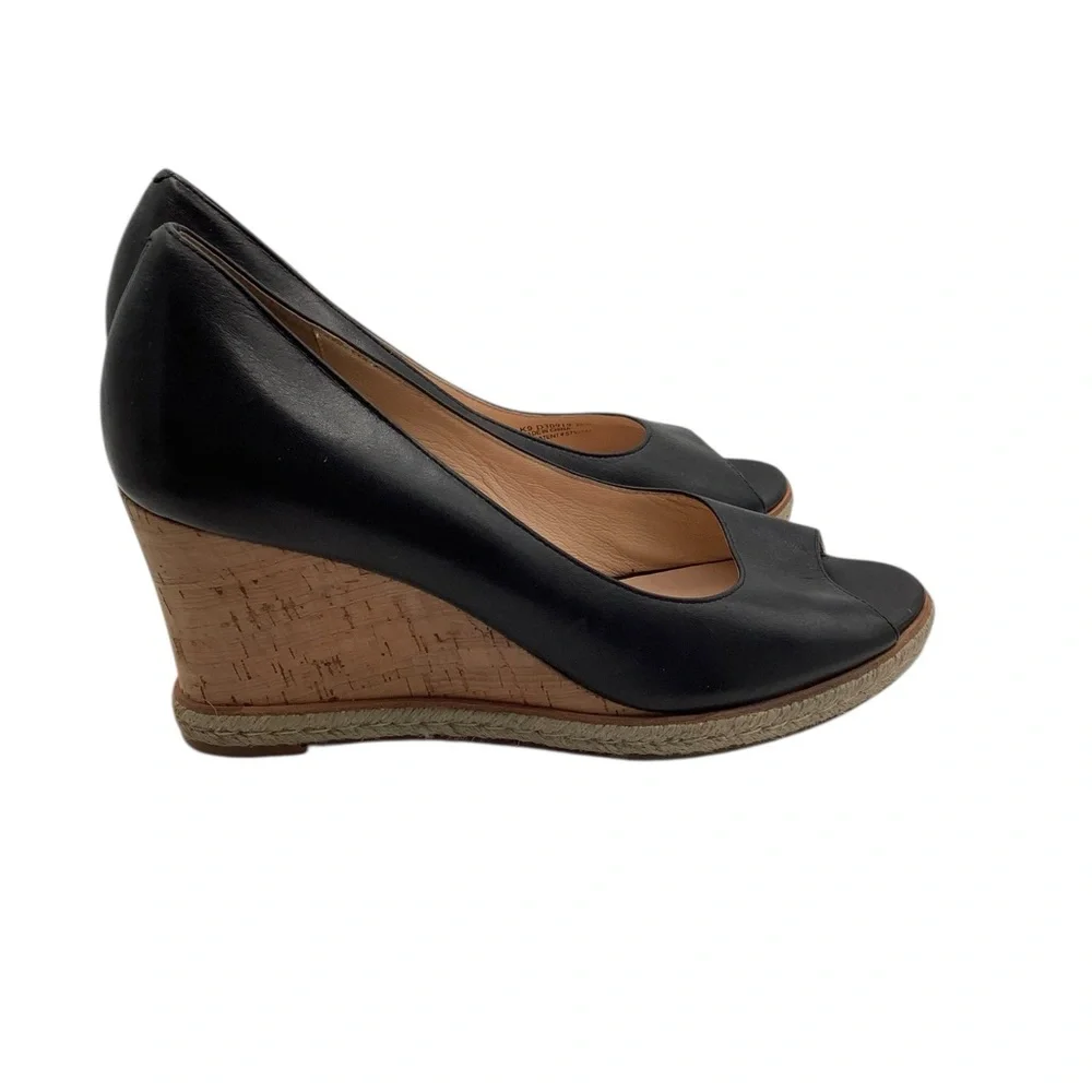Cole Haan Black Leather Peep-Toe Wedge Espadrilles